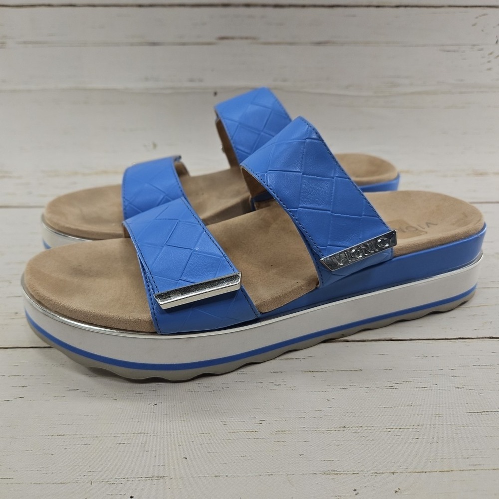 Vionic Brandie Womens 11 Blue Platform Wedge Comfort Slip On Slide Sandals Shoes